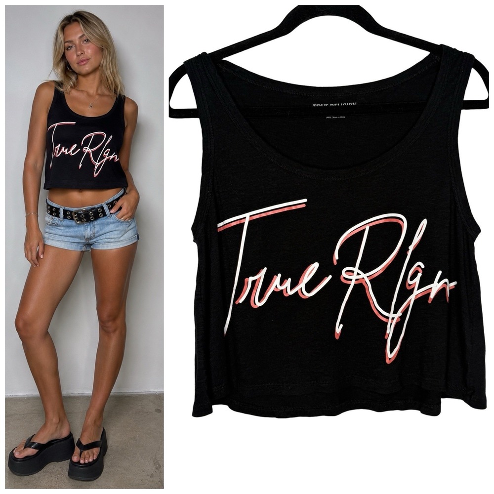 True Religion Large T-Shirt Cropped Tank Black Logo Oversized Boxy Cotton Y2K